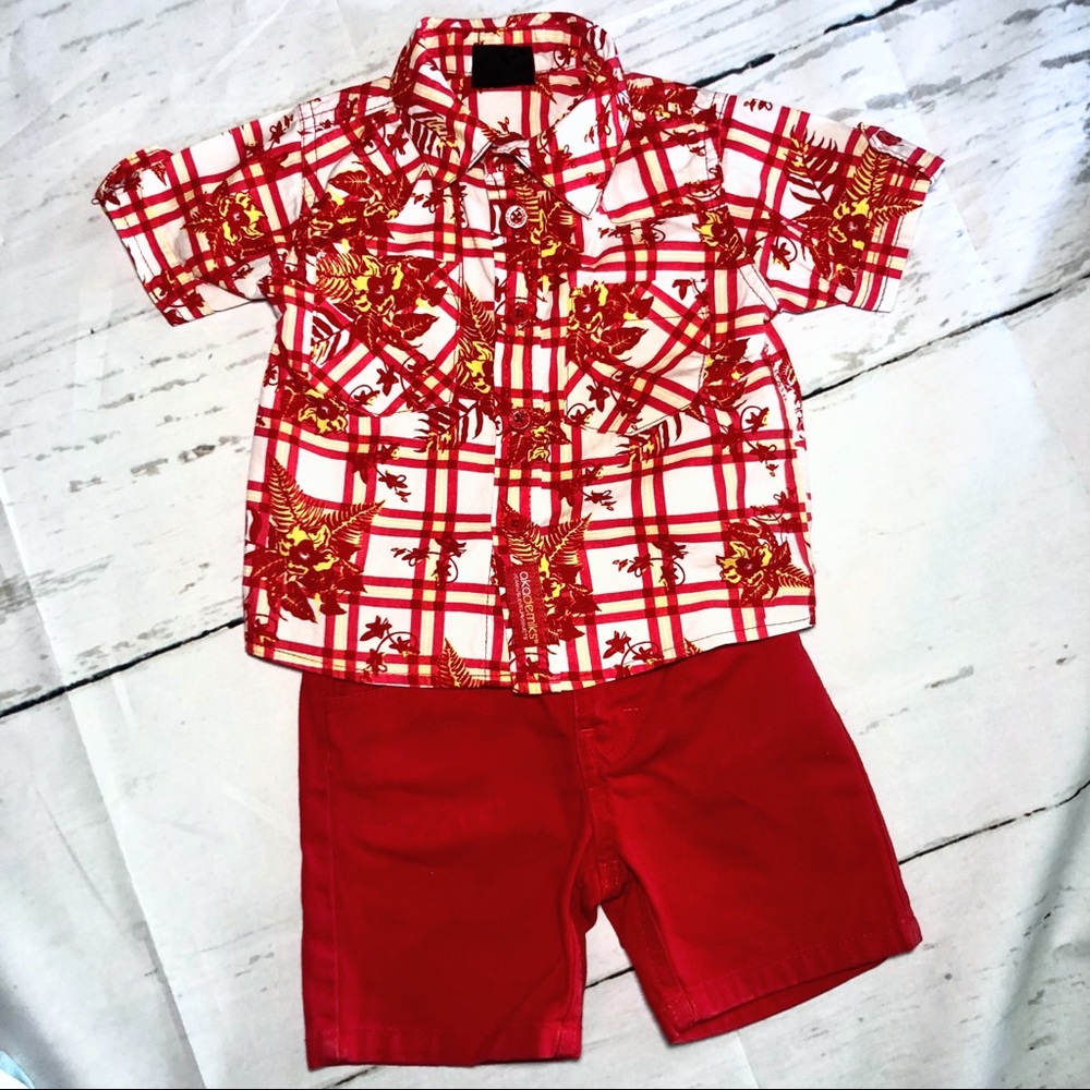 Akademiks Hawaiian Shirt & Red Jean Shorts EUC